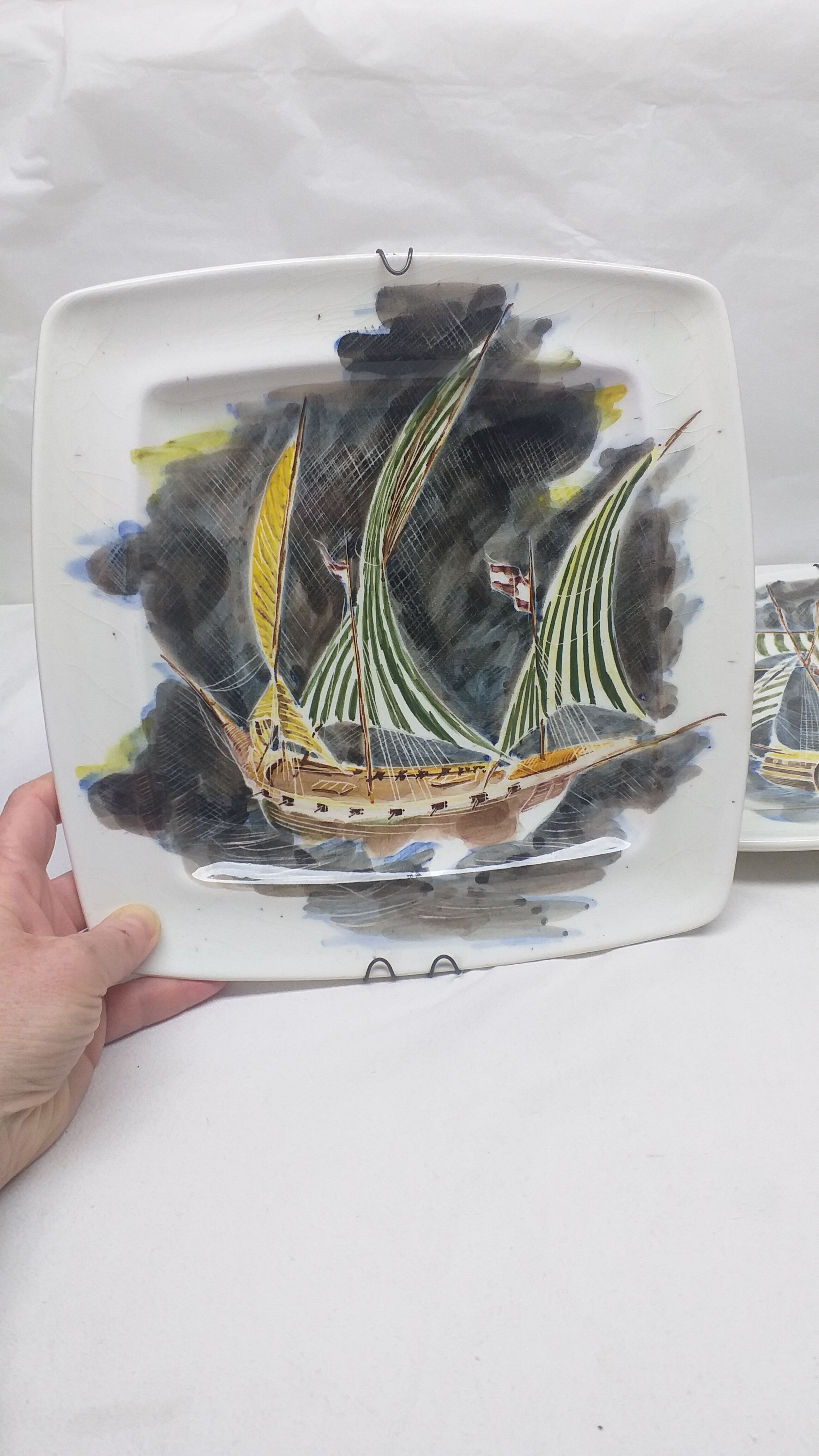 Lot 2 plates guy trevoux sailboat ship war ship