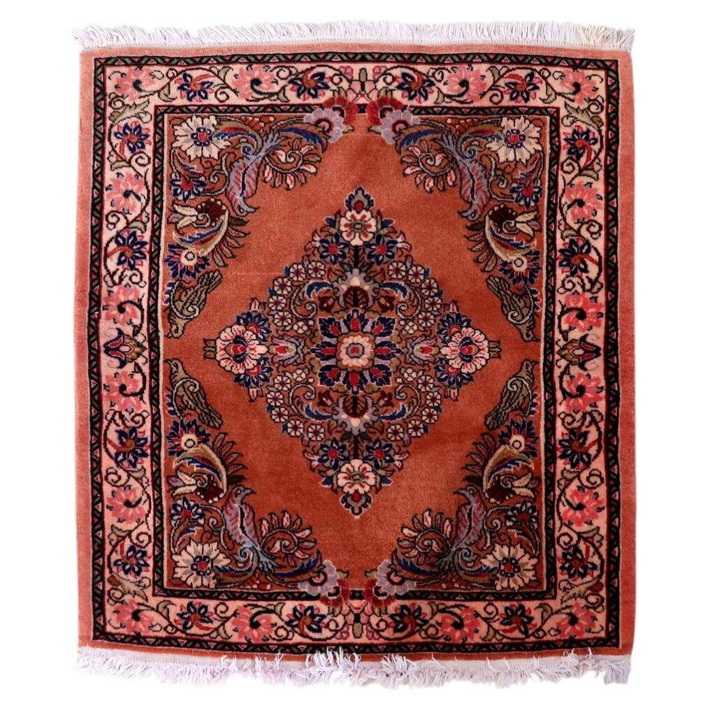 Vintage Sarouk wool rug, rose field & diamond medallion, c. 1950s