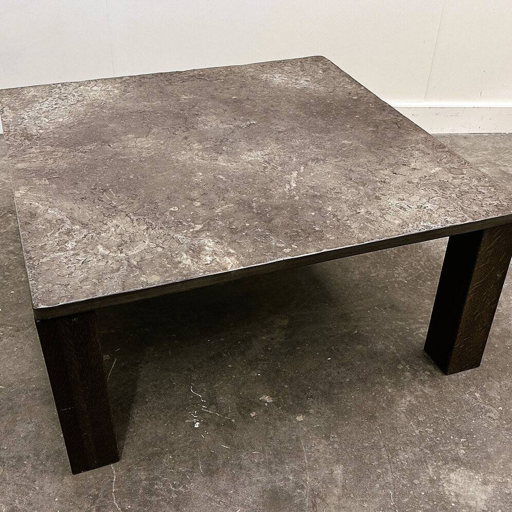 French 1970s slate & solid oak coffee table — textural slate slab, sculptural presence
