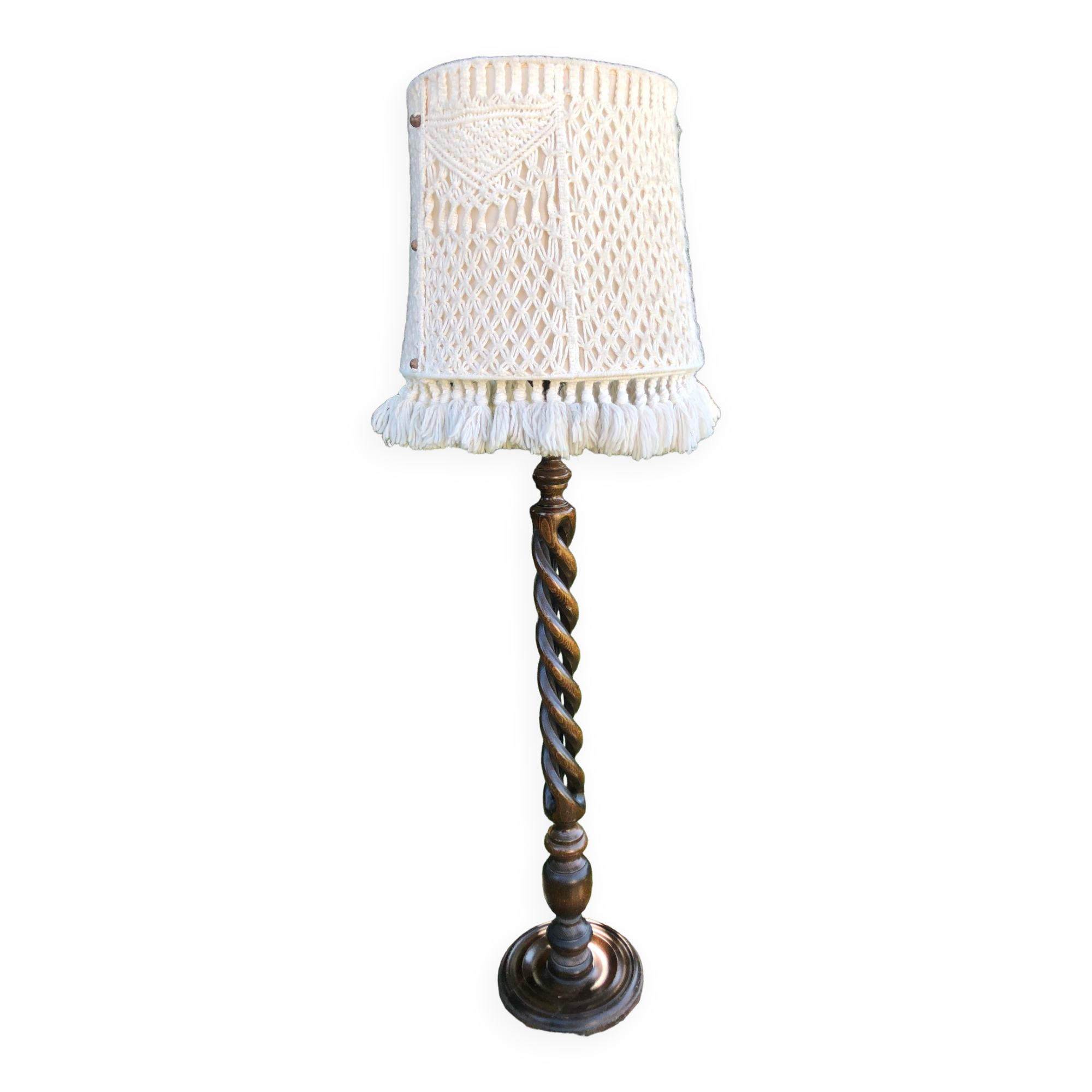 Dark turned wooden floor lamp and wool lampshade