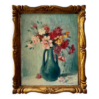 "Nature morte, vase avec oeillets" Huile sur toile signée. Léopold SMETANA (1867-1948)
