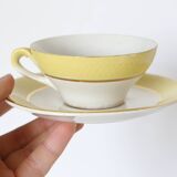 Set of 7 cups and under cups in ceramic Moulin des Loups, yellow, French manufacture,