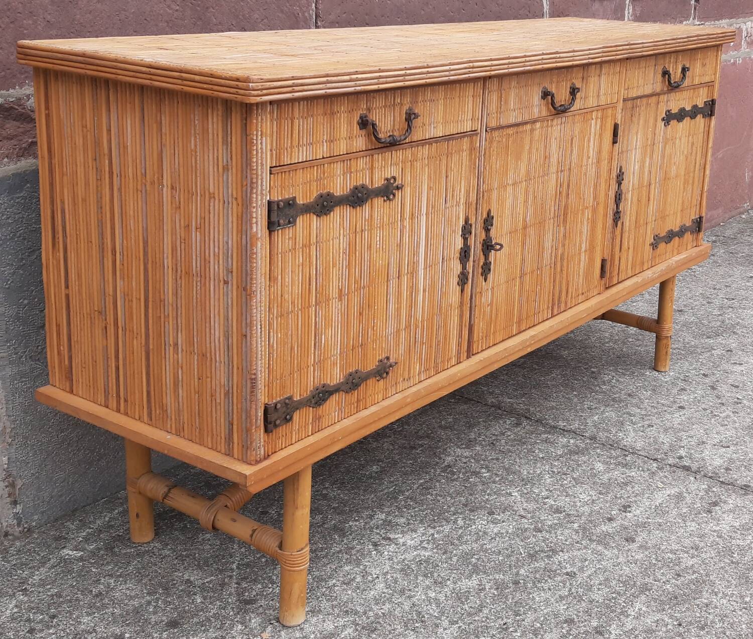 Console table in rattan and bamboo, (Attributed to Audoux-Minet)