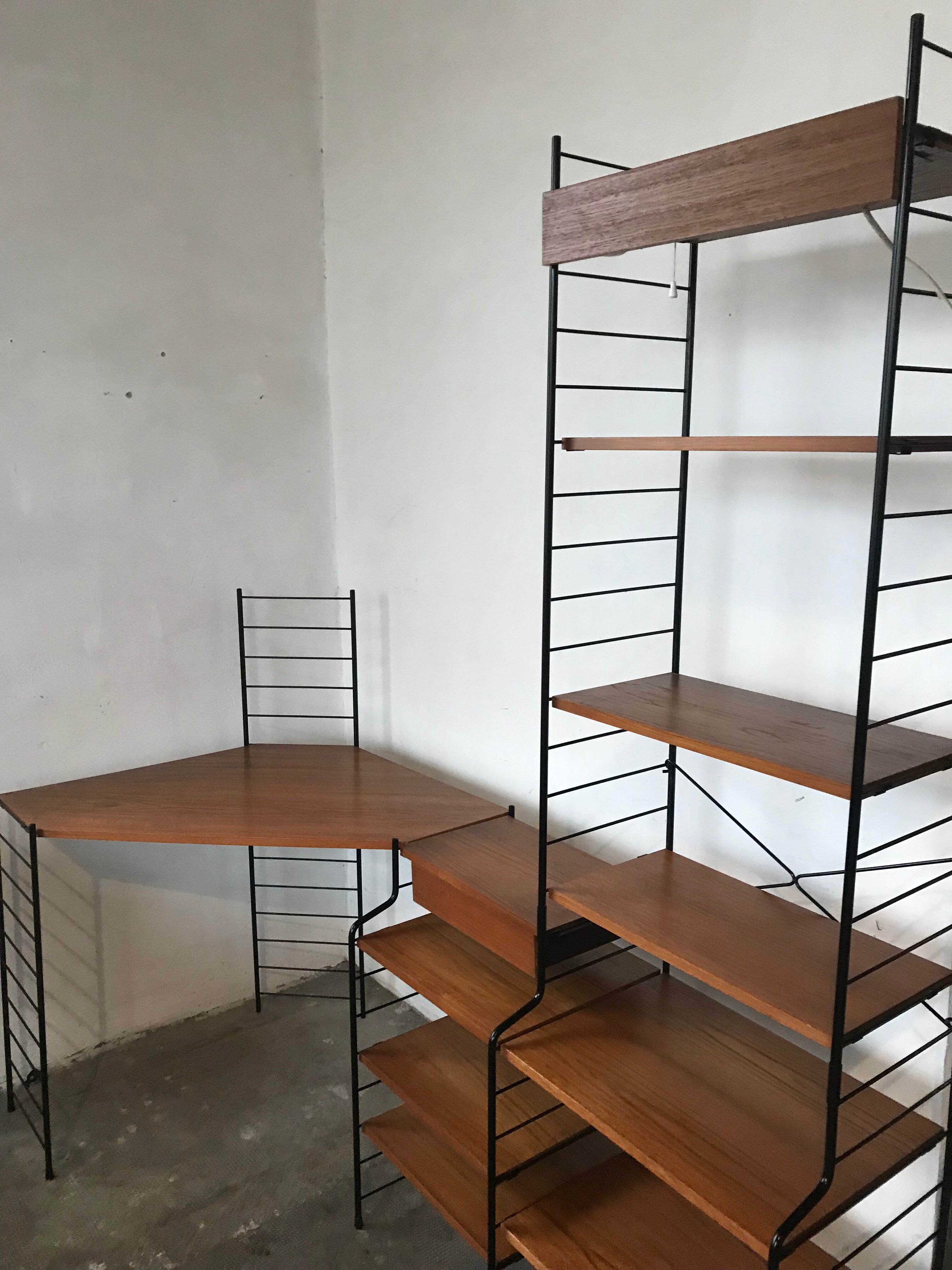 Modular vintage string wall shelf system with 1960-1980's desk