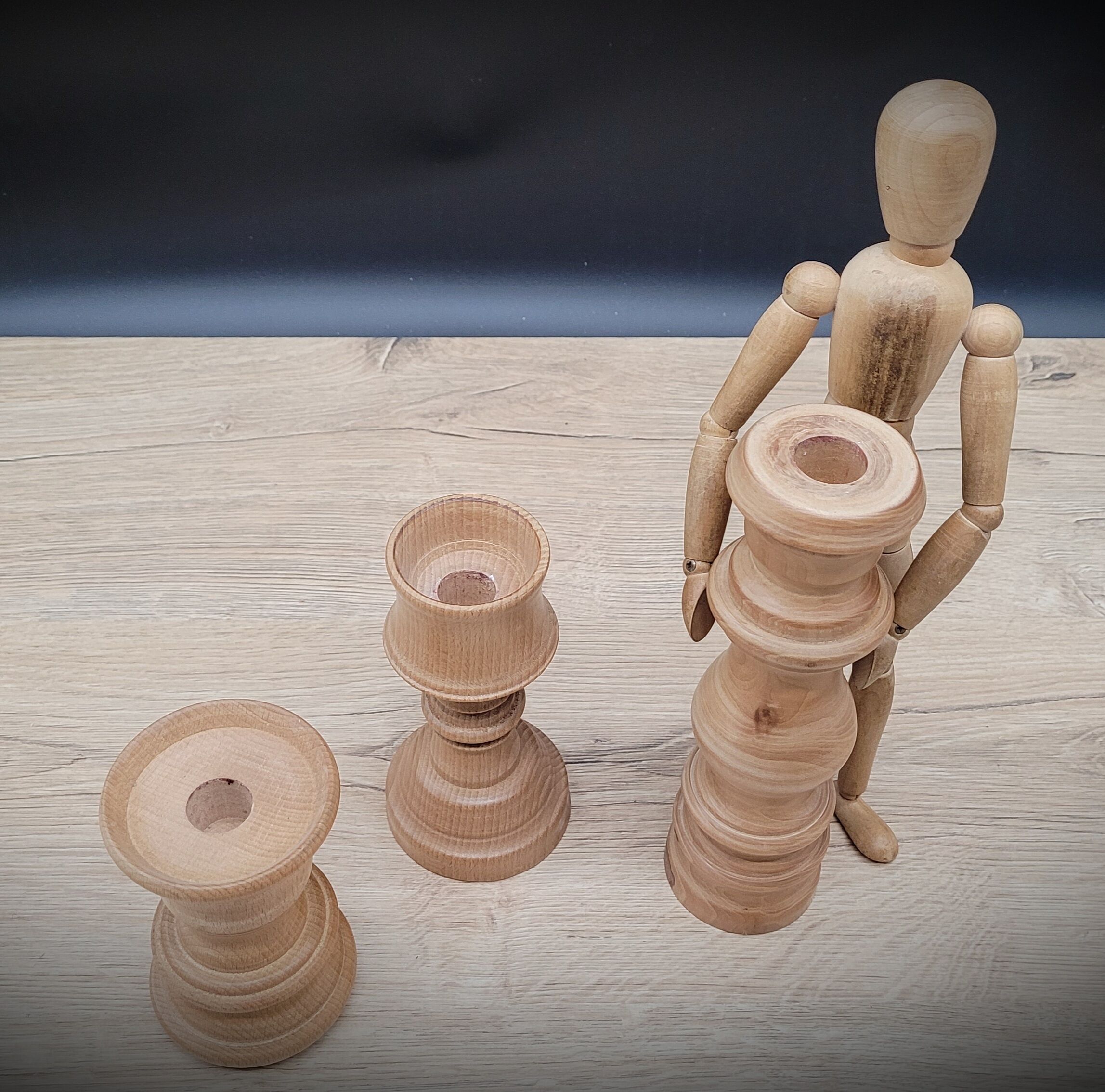 Trio turned wood candlesticks