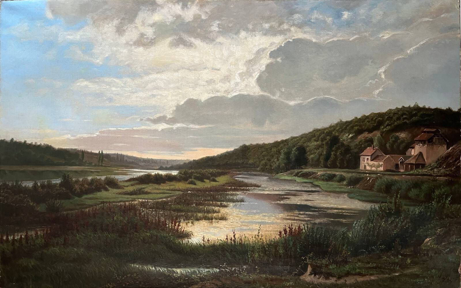 Large painting dated 1872 "Landscape with village by the river" signed