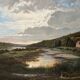 Large painting dated 1872 "Landscape with village by the river" signed