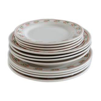 12-piece set of vintage Brazilian porcelain plates with orange-green edging and fruit pattern