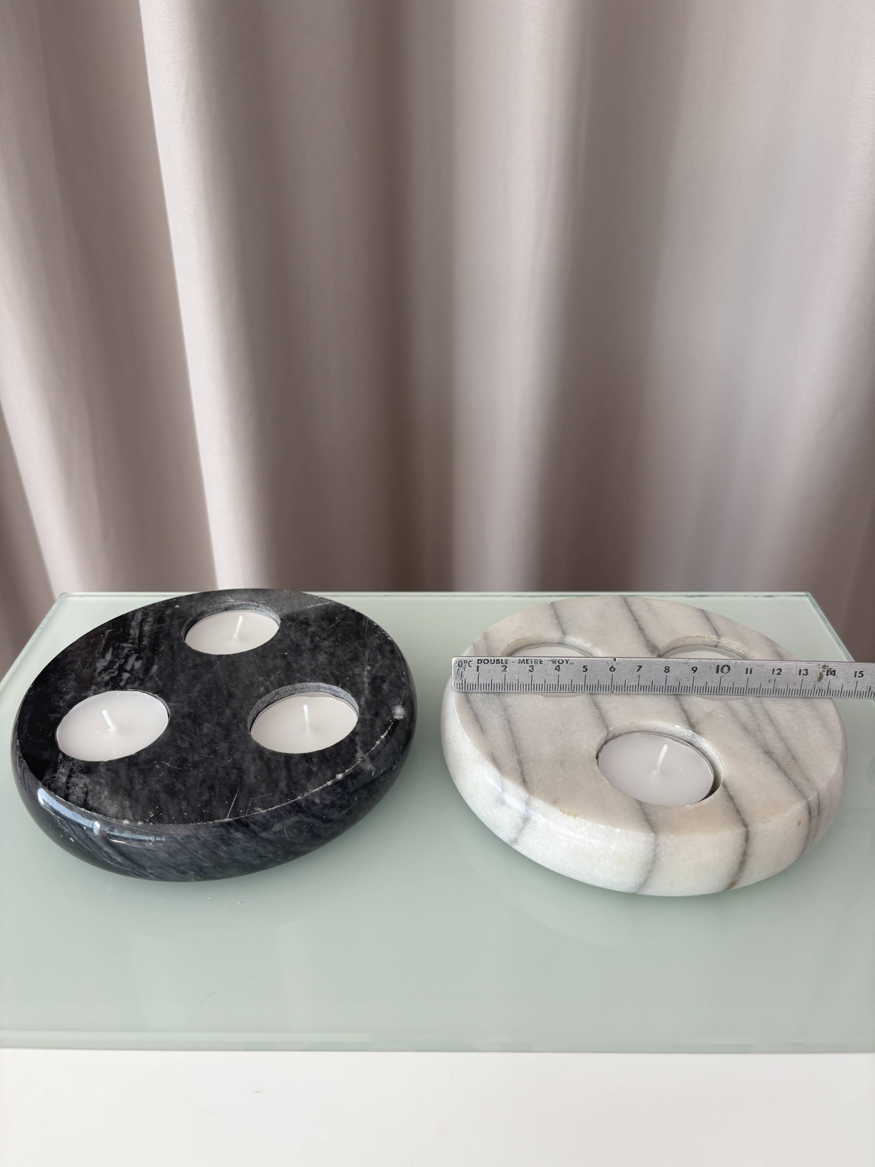 Pair of Vintage Marble Triple Tealight Candle Holders – Black & White