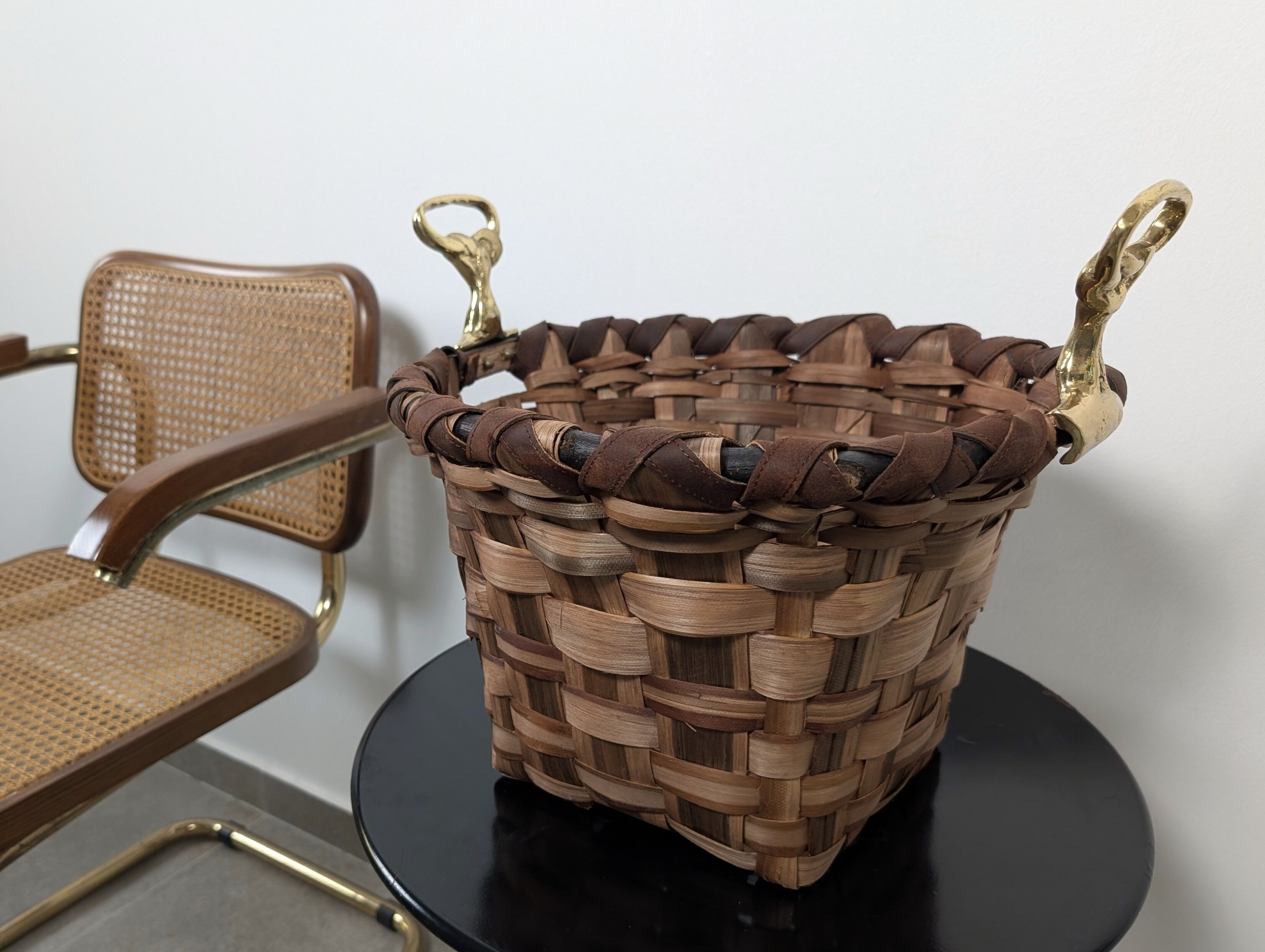 David Marshall brutalist splint wood and cast brass basket, 1970s