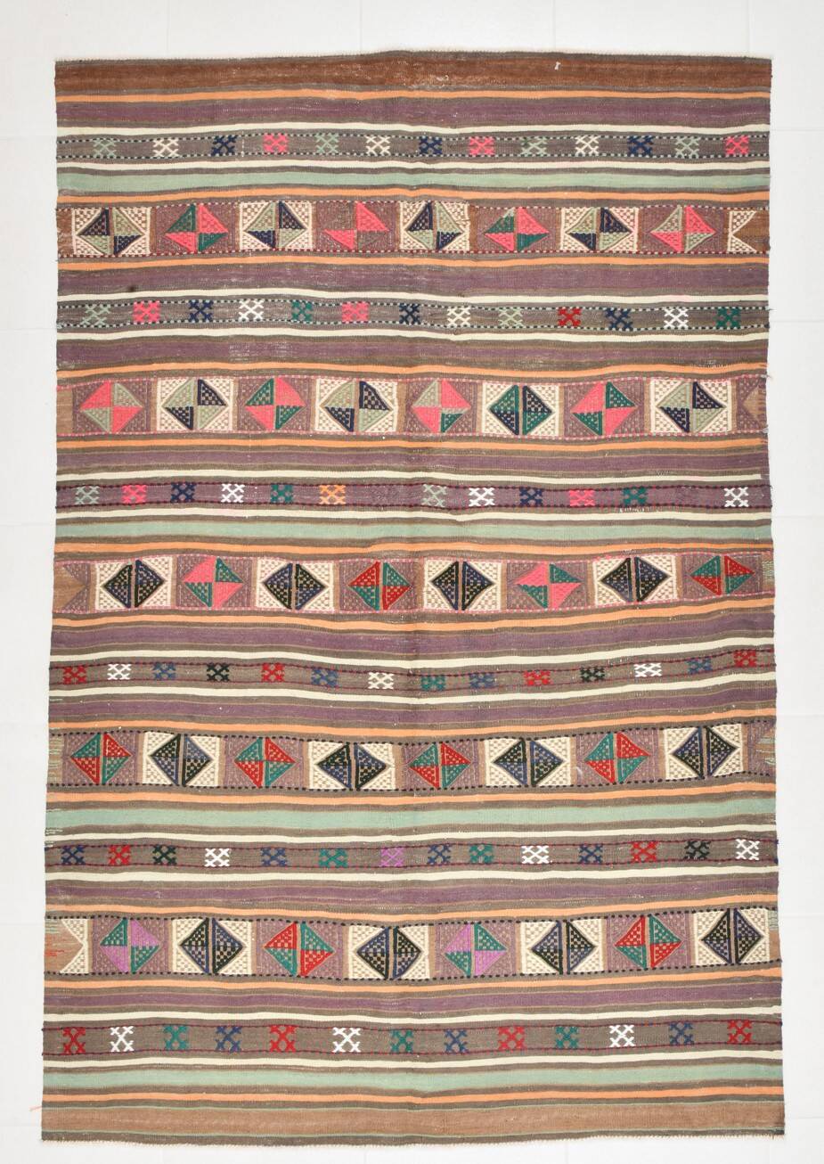 Tapis kilim vintage en laine, motifs géométriques et tons pastel,146x224 Cm