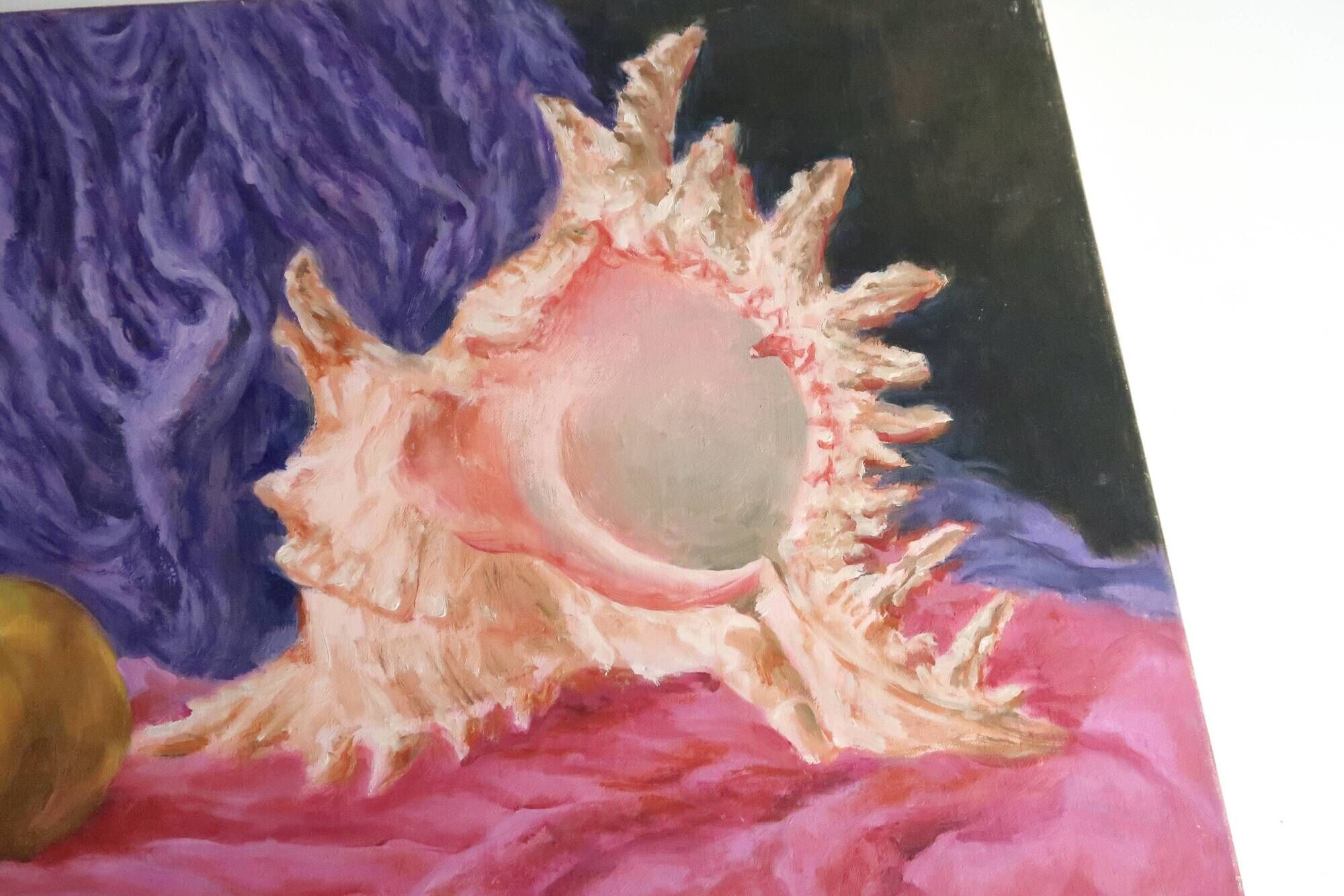 Painting, still life with shell by Cécile Angeli, 90s