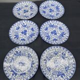 Service of 6 dessert plates, floral decoration, flowers, Japanese porcelain, Phoenix pattern, Blue, Japan