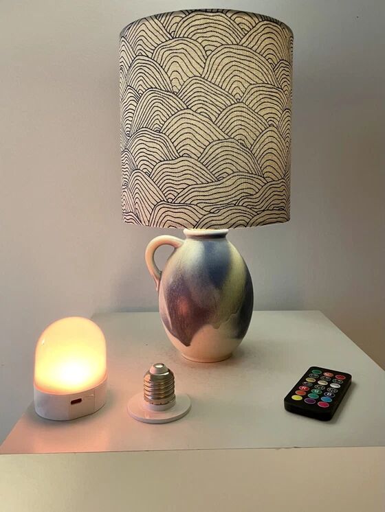 Small wireless West German pottery vase lamp with Japanese shade.