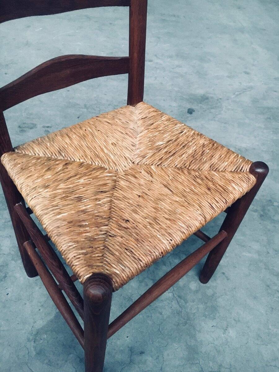 Rustic Handcrafted Oak and Rush High Back Dining Chairs, Belgium, 1940s, Set of 4