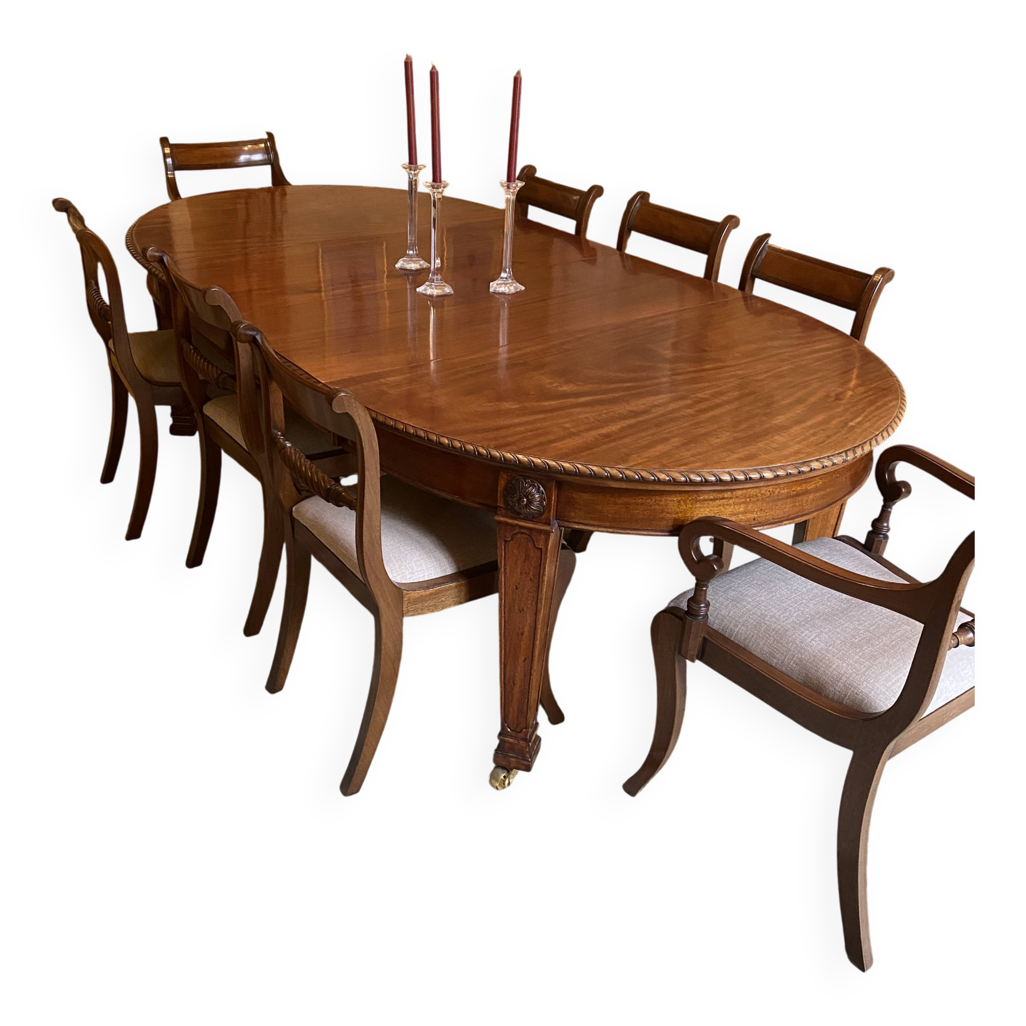 Set of 10 antique Trafalgar chairs in mahogany with twisted backrest.