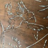 Antique pedestal table with engraved wooden top (birds) and sky blue base