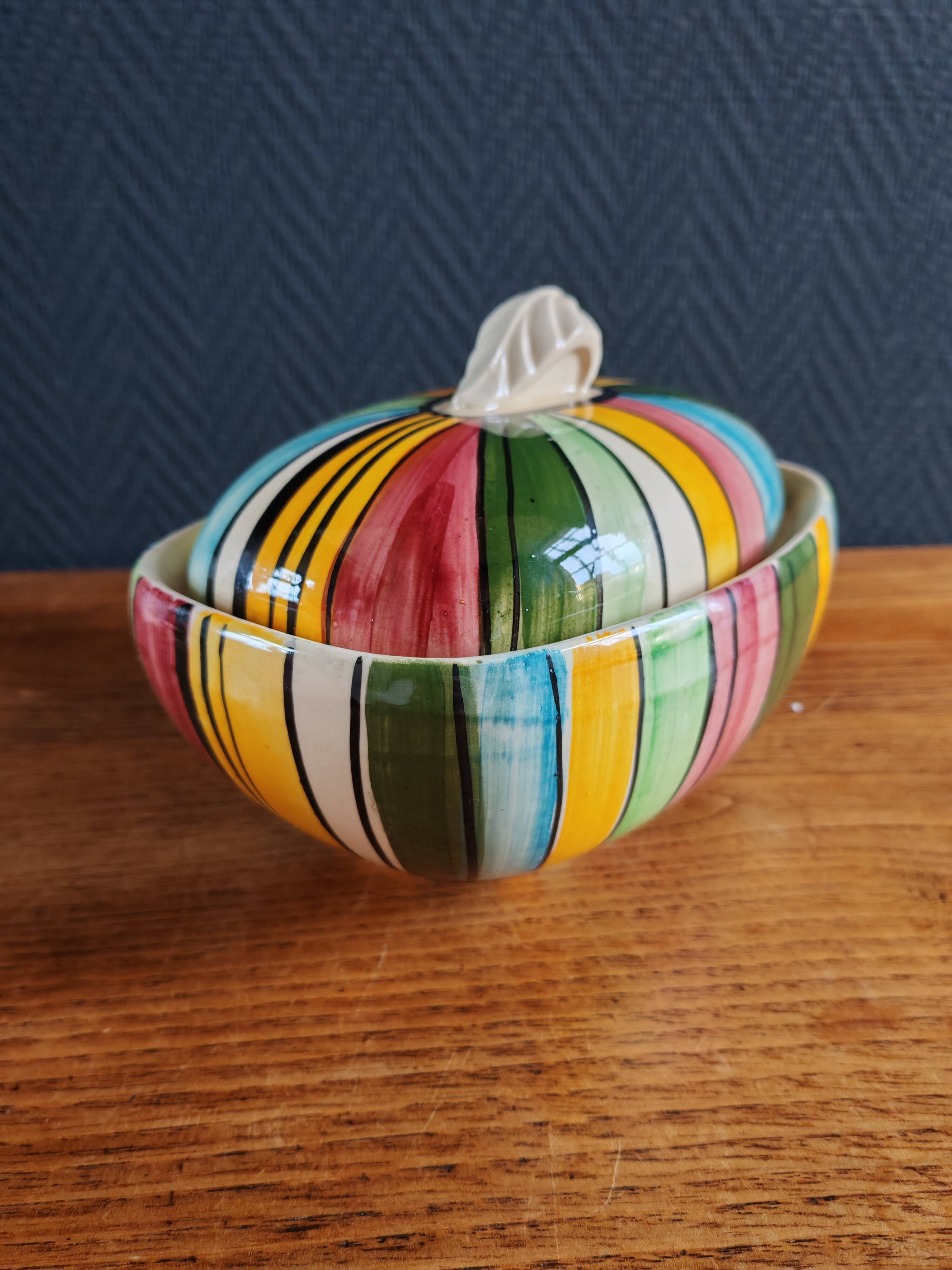Vintage Ceramic Bonbonnière with Colourful Stripes - Jewellery Box