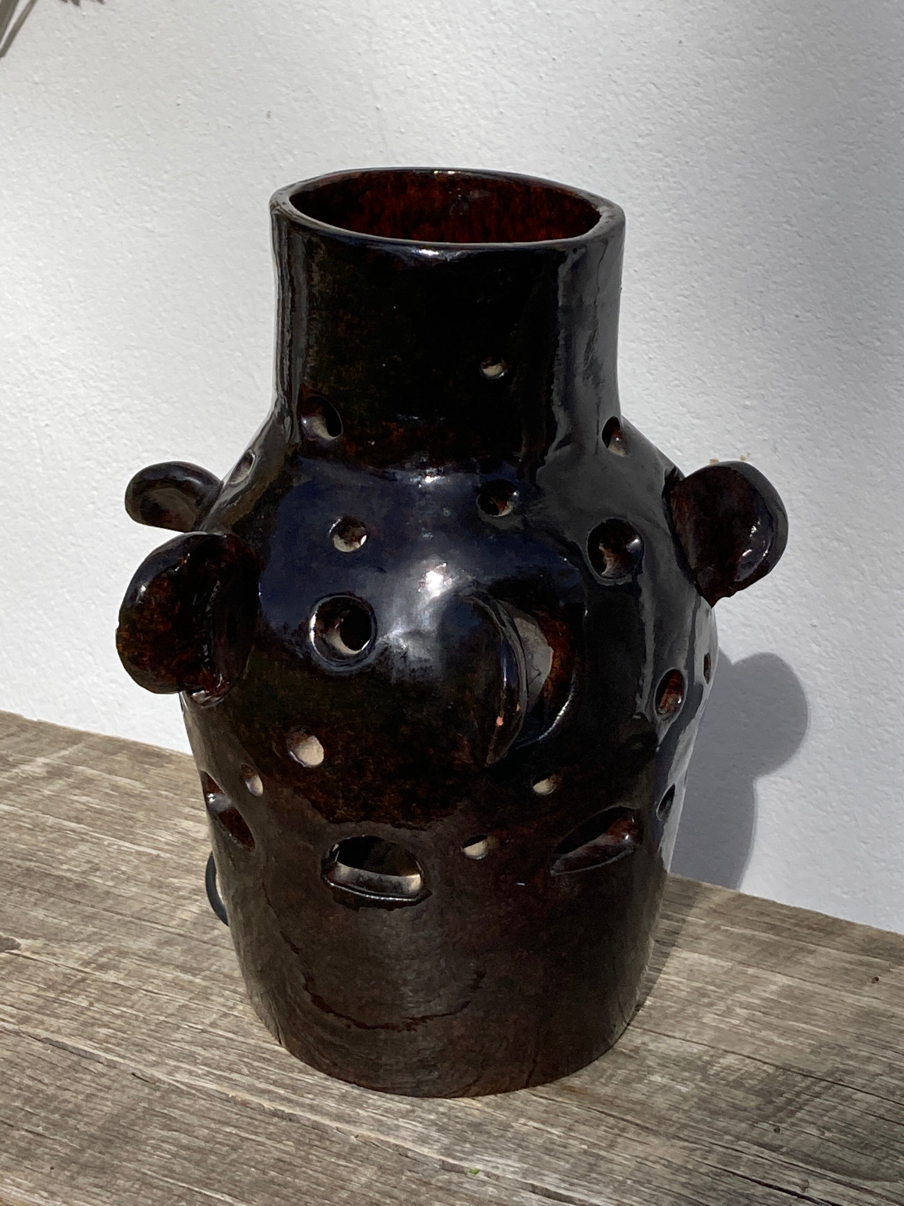 Brutalist lamp in black / brown ceramic openwork 1970