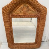 Wicker rattan mirror and carved insert 60s, 75x53 cm