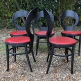 6 vintage Baumann seagull model chairs, black lacquered with red Skai seats.