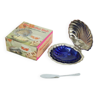Shell Butter Dish With Knife Caviar Holder Chrome Blue Glass Vintage