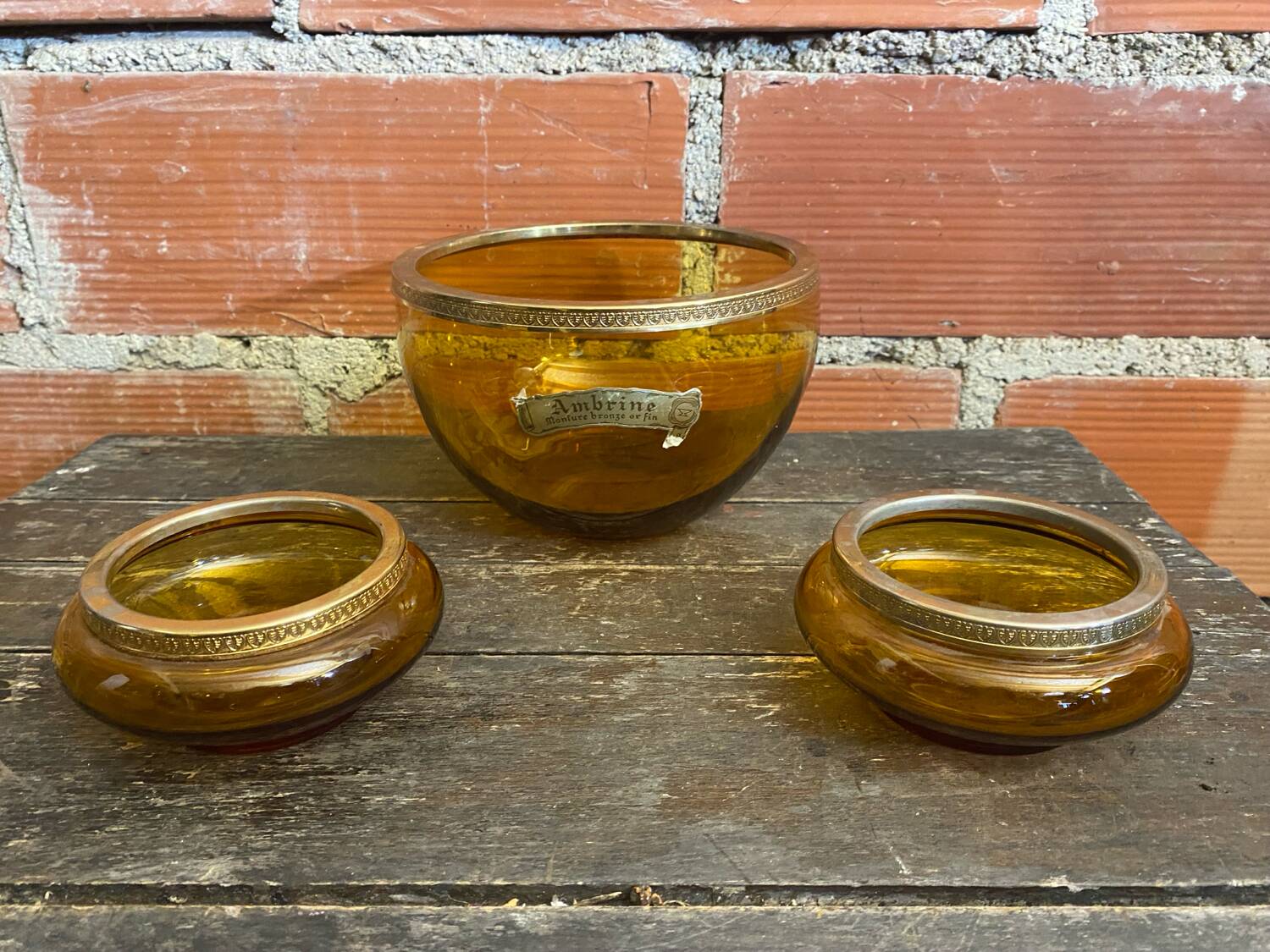 Salad bowl + 2 Antique AMBRINE Bowls Amber Glass + Gold Bronze Mounting