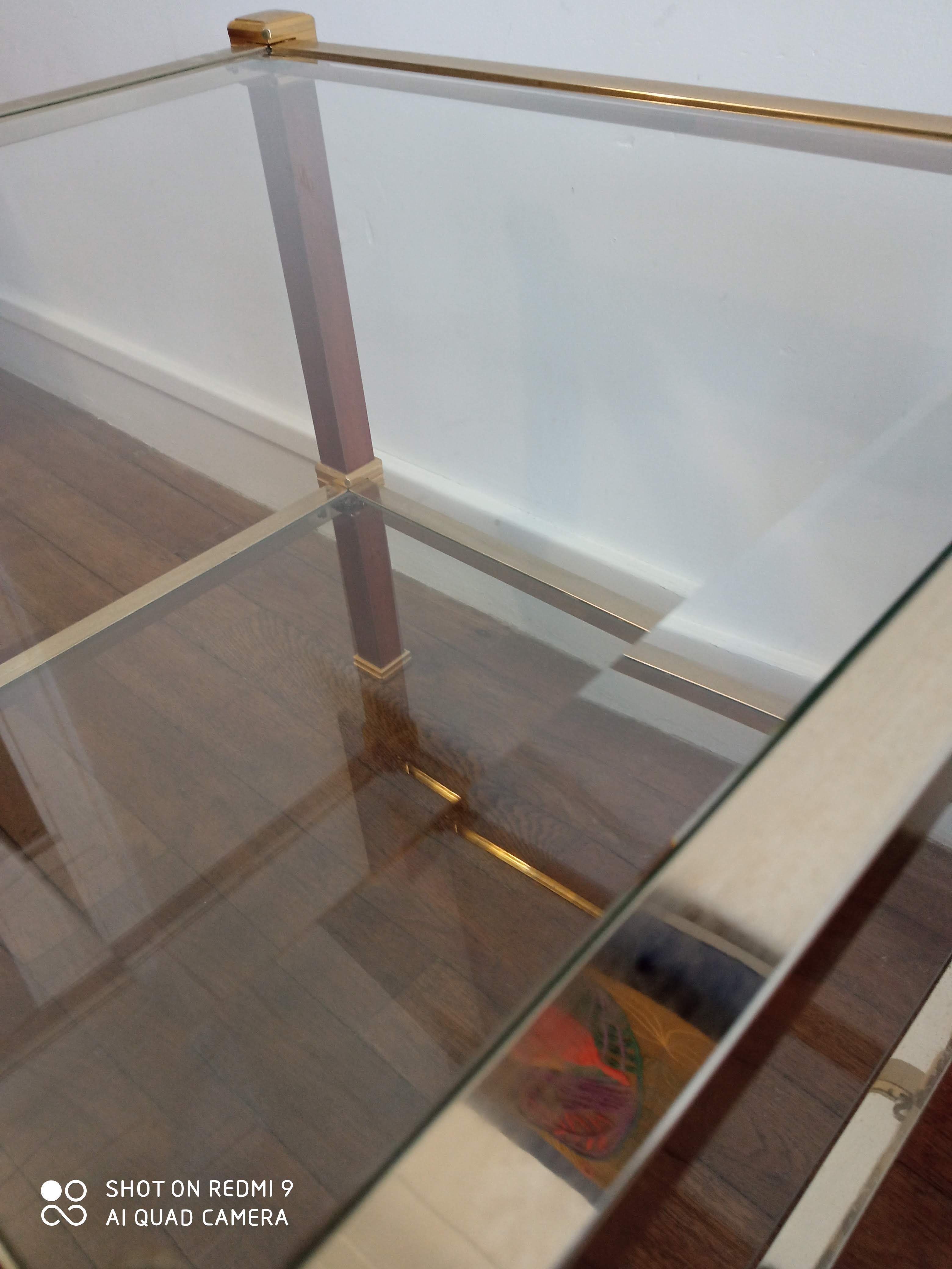 Roche Bobois coffee table in wood, brass and 70s glass