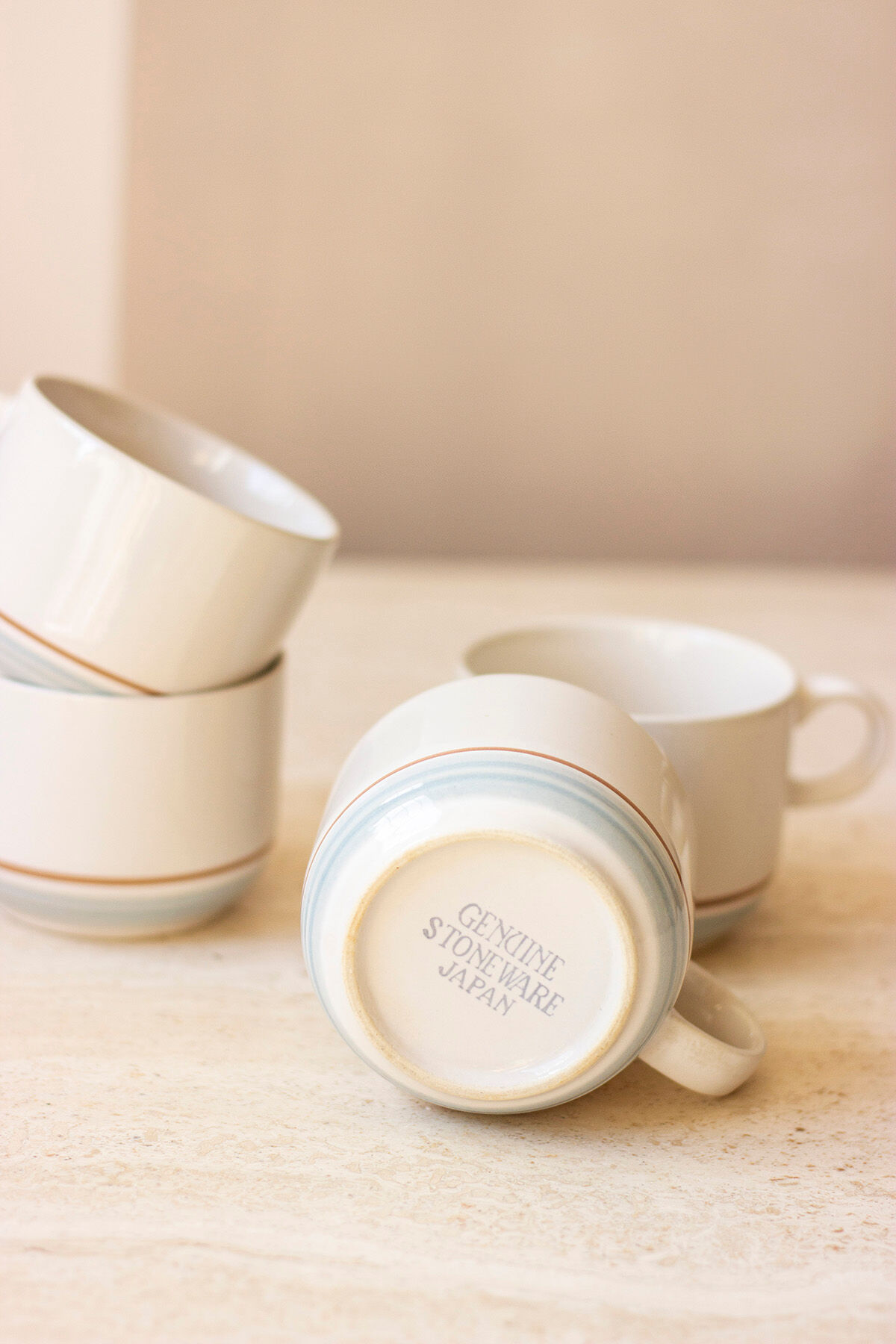 4 coffee cups - pale blue and brown border - Japan