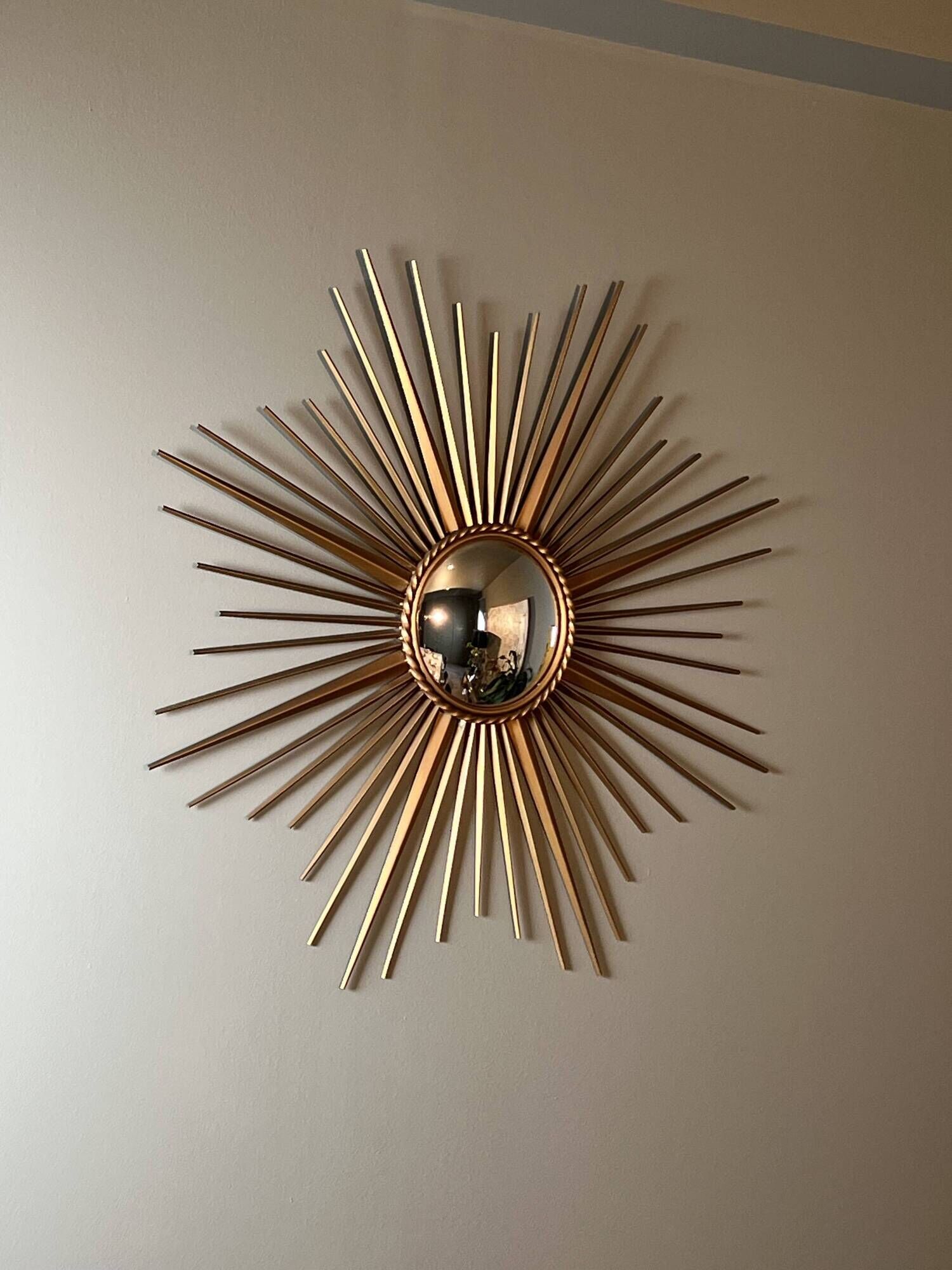 Golden Metal Sun Mirror with Convex Mirror by Chaty Vallauris. French Work