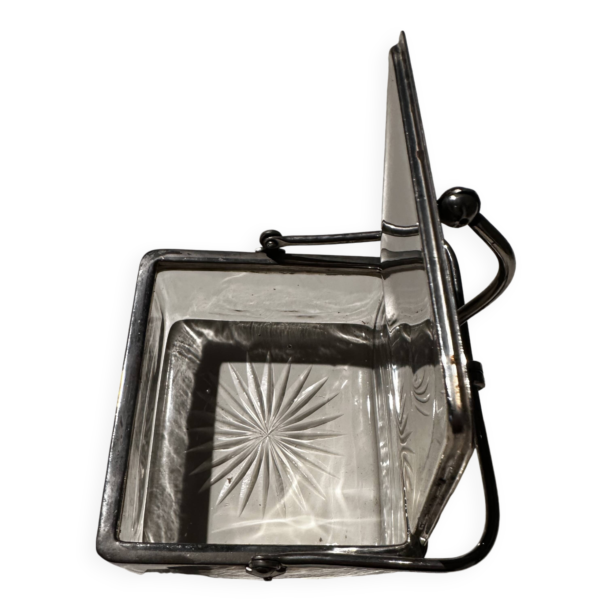 Art Deco Period Butter Dish, Silver Metal and Crystal - With Balance Wheel