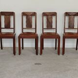 Set of 6 Art Deco chairs in Oak and Walnut with camel leather.