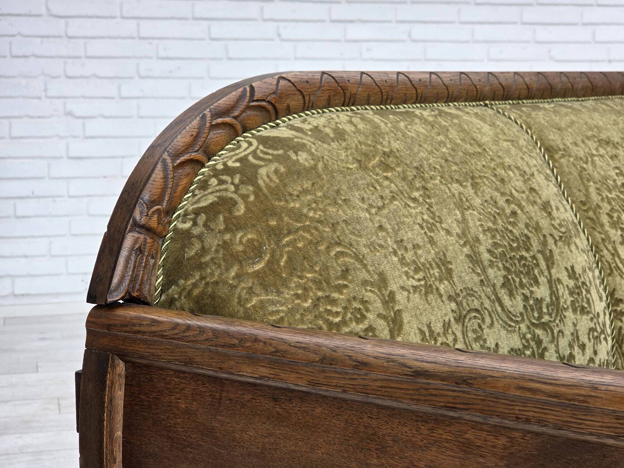 1950s, Danish 3-seater sofa, green furniture velour, oak wood.