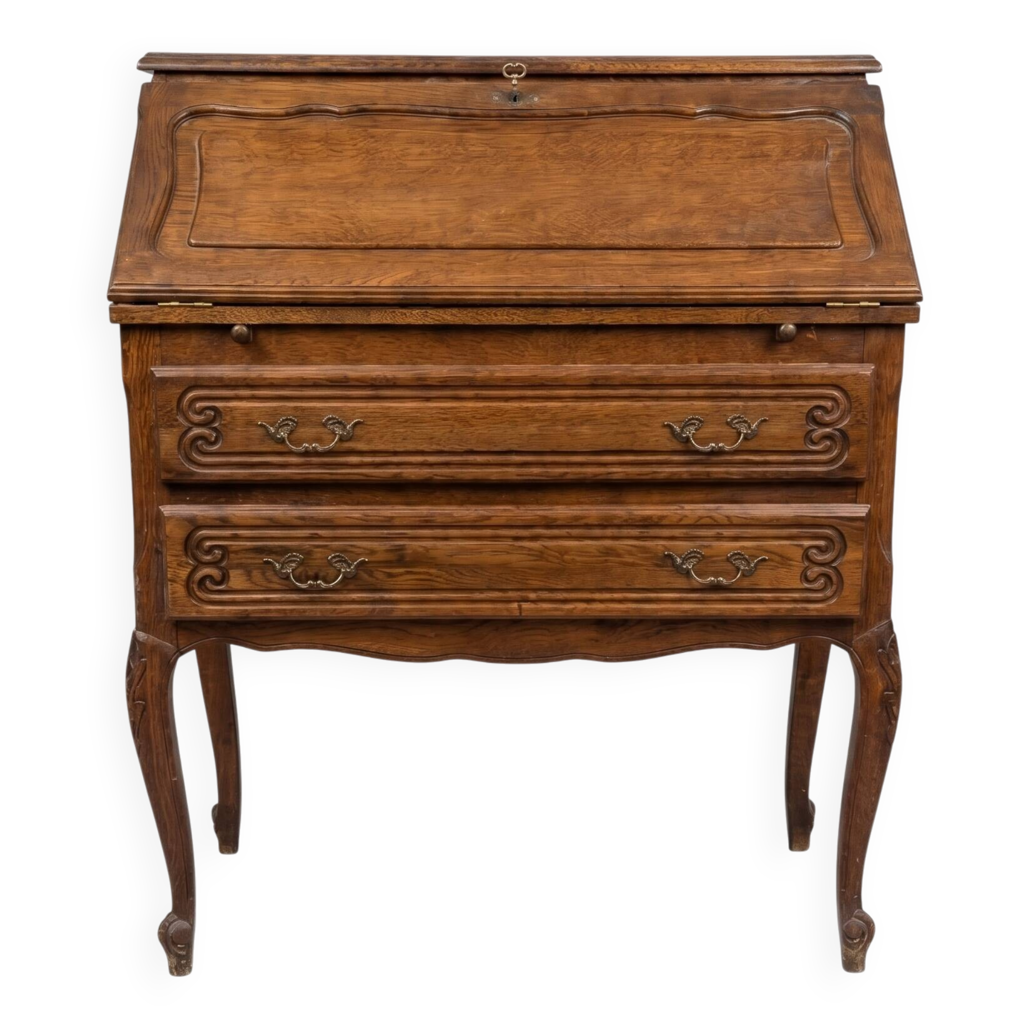 Charming antique oak secretary with drawers.