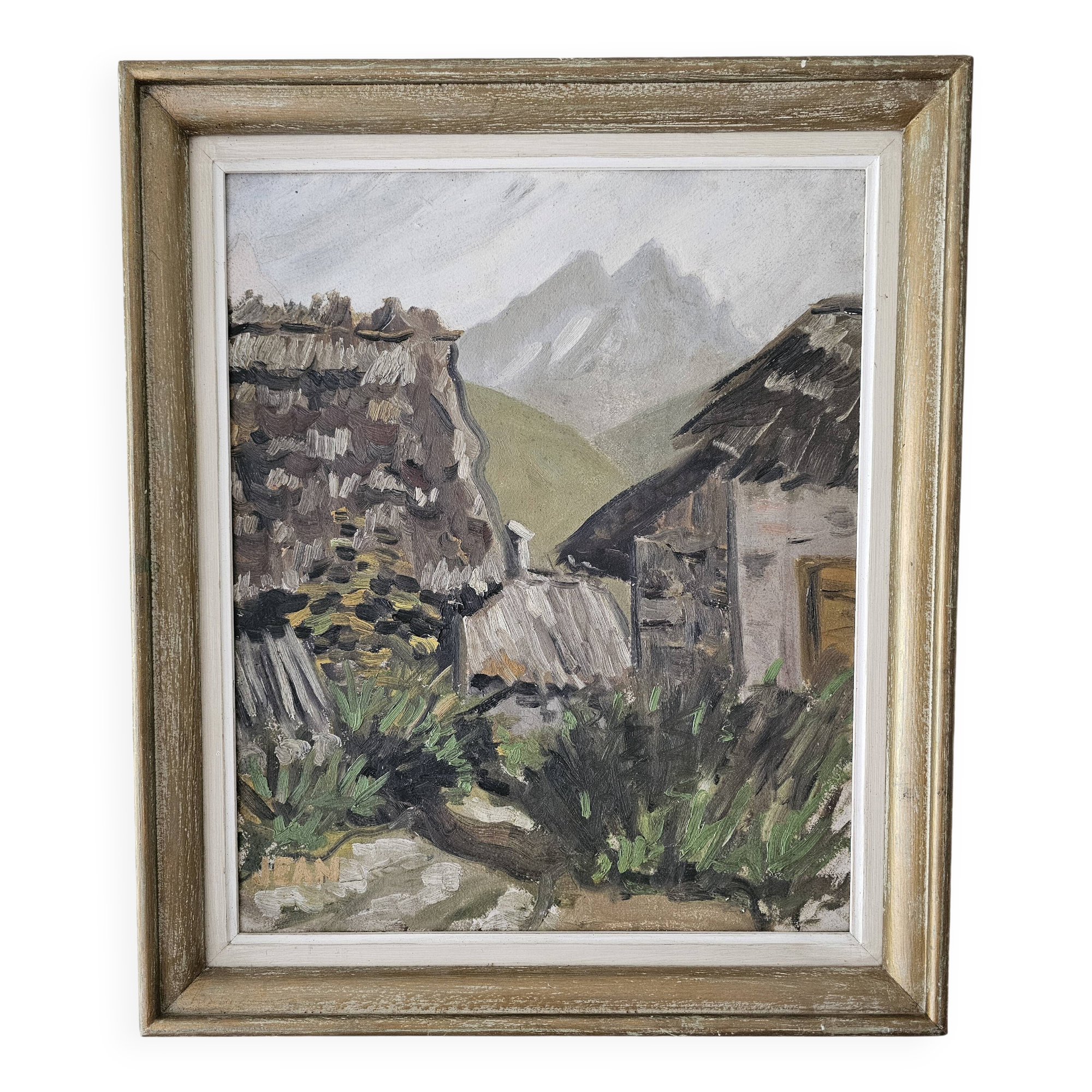 Oil on Cardboard - Mountain Chalet Landscape Signed Jean