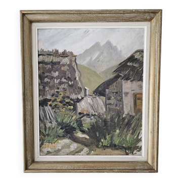 Oil on Cardboard - Mountain Chalet Landscape Signed Jean