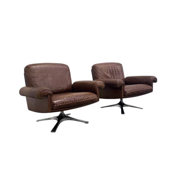 Set cognac leather De Sede DS31 lounge chairs, 1970s