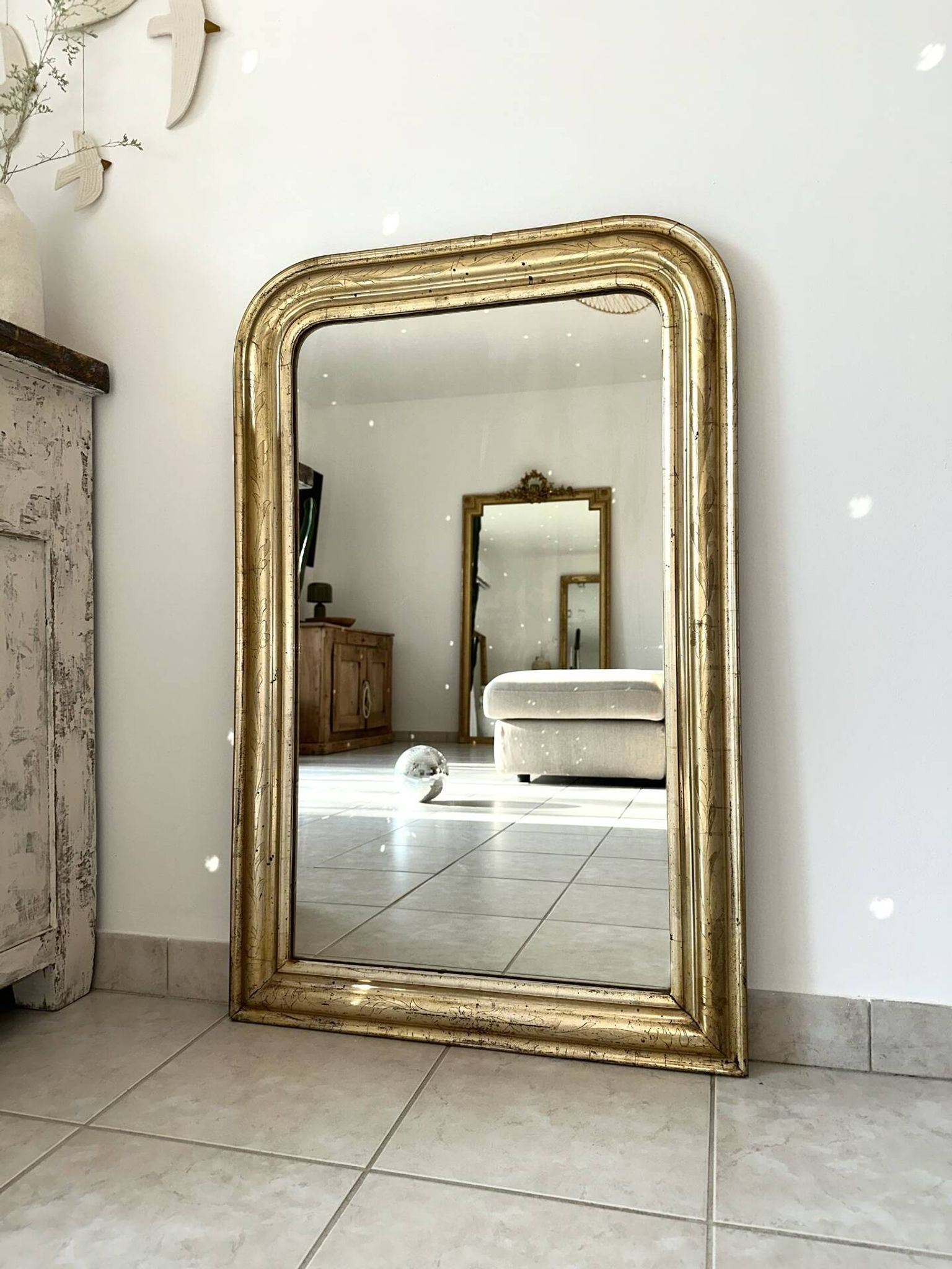 Miroir Louis-Philippe ancien feuille d’argent, XIXème
