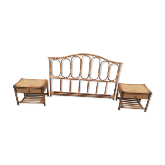 Headof rattan and bamboo, two bedside