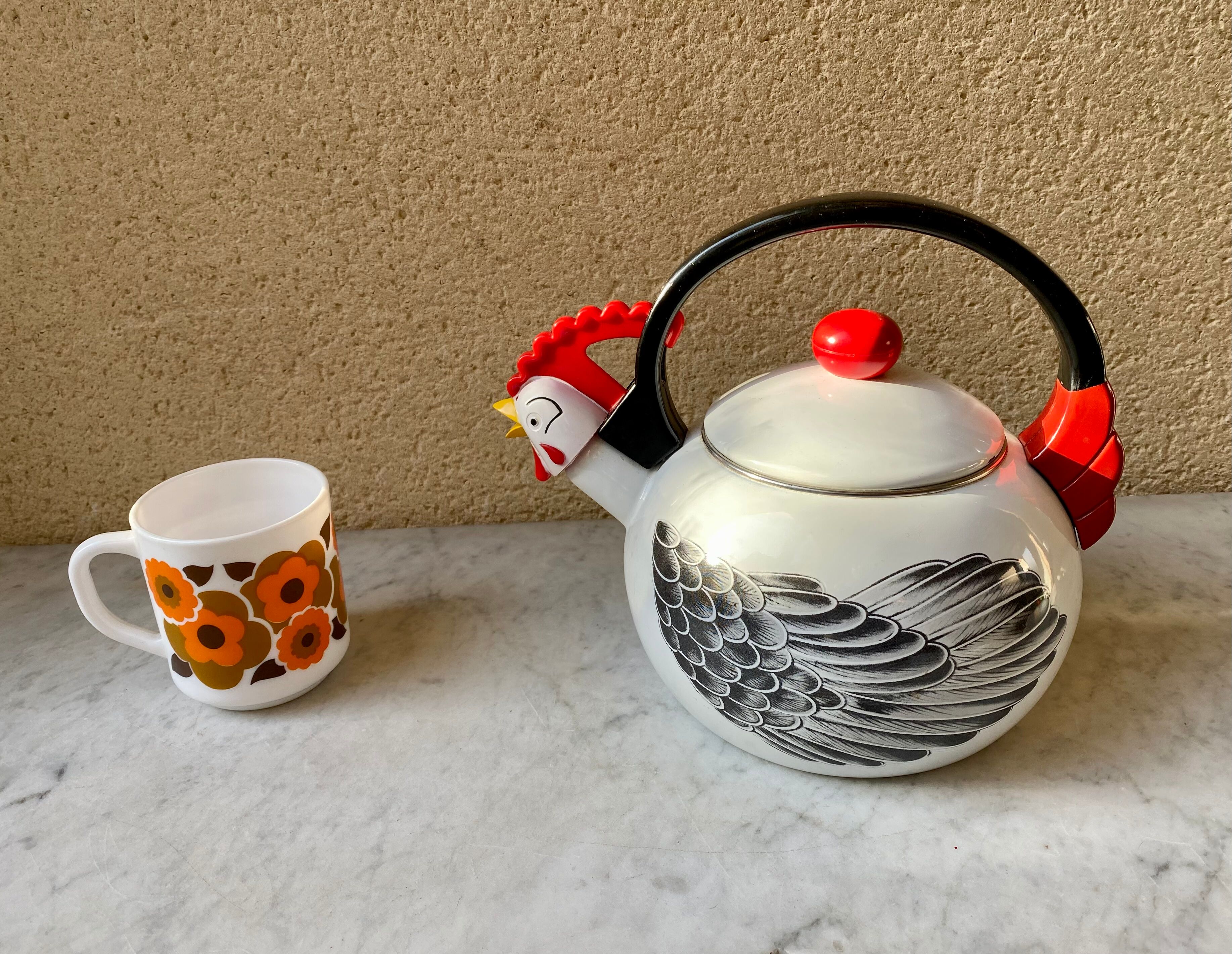 Kettle sheet metal enamel vintage 80s kamenstein decorations rooster