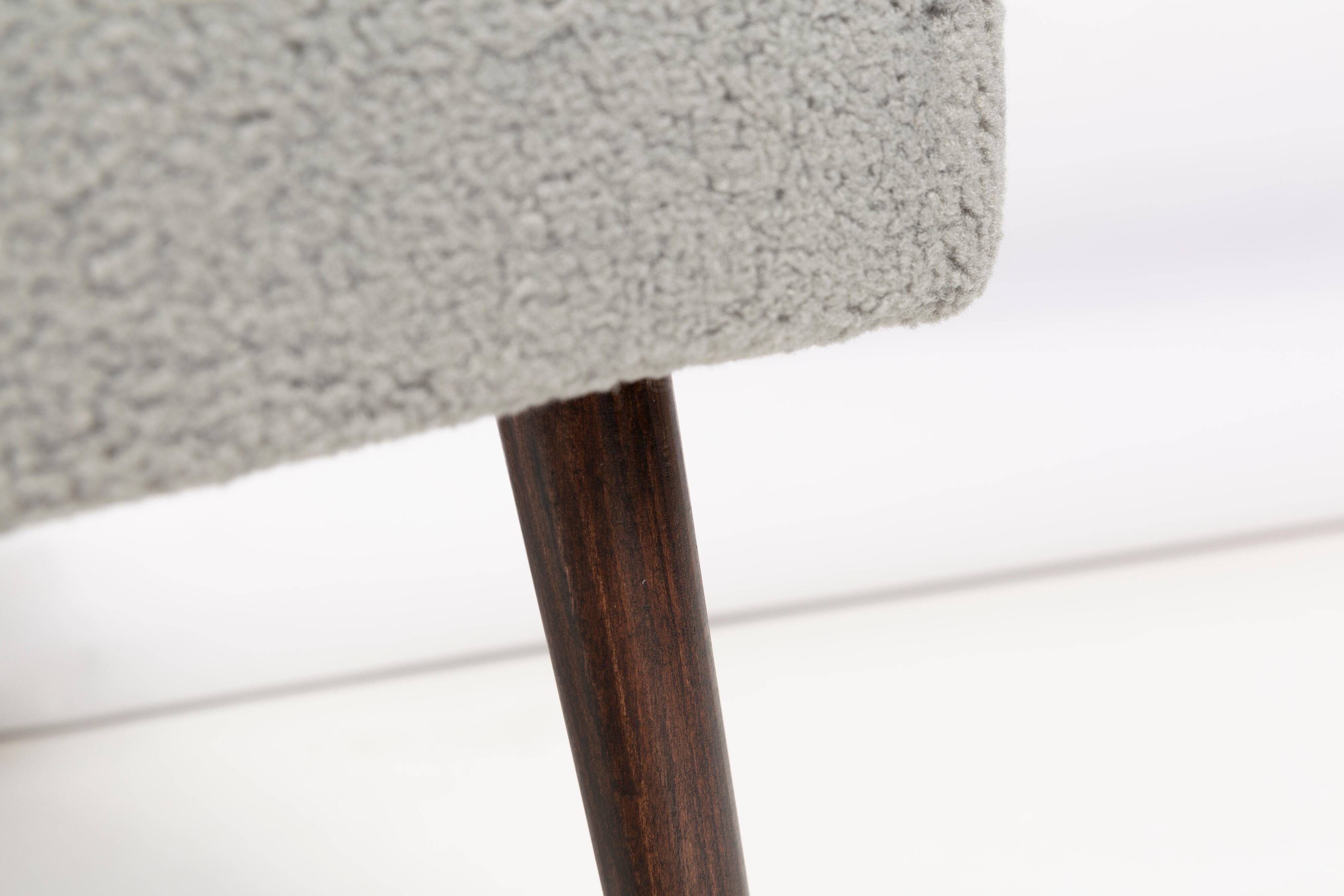 Grey boucle shell chair, dark beech wood, Poland, 1960s.