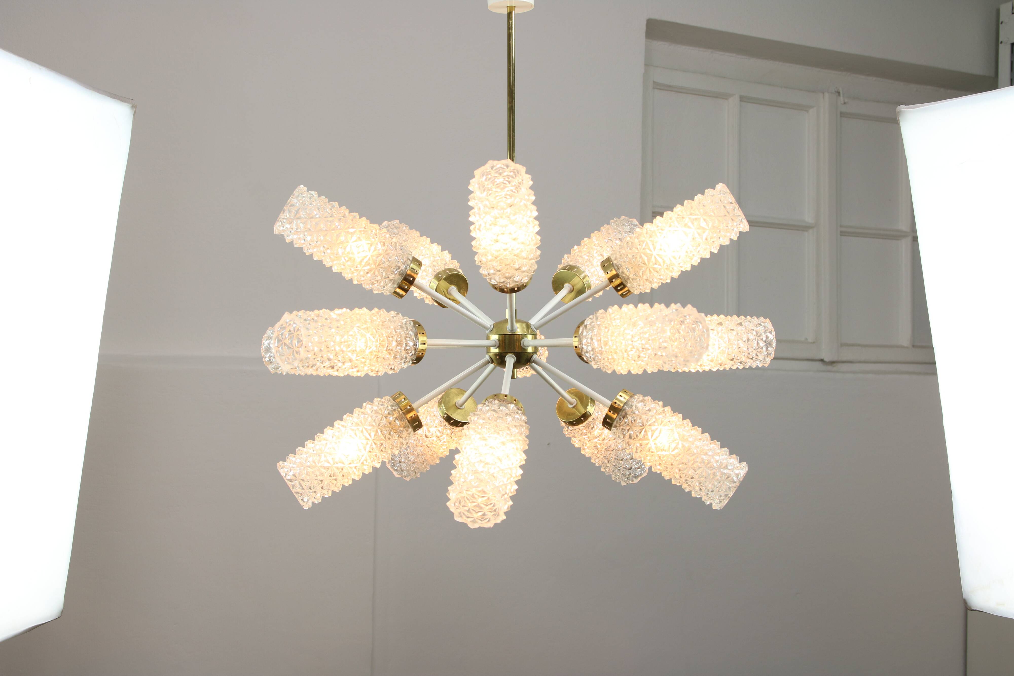 Vintage Sputnik Chandelier: Brass & Textured Glass, Mid-Century Modern Ligh