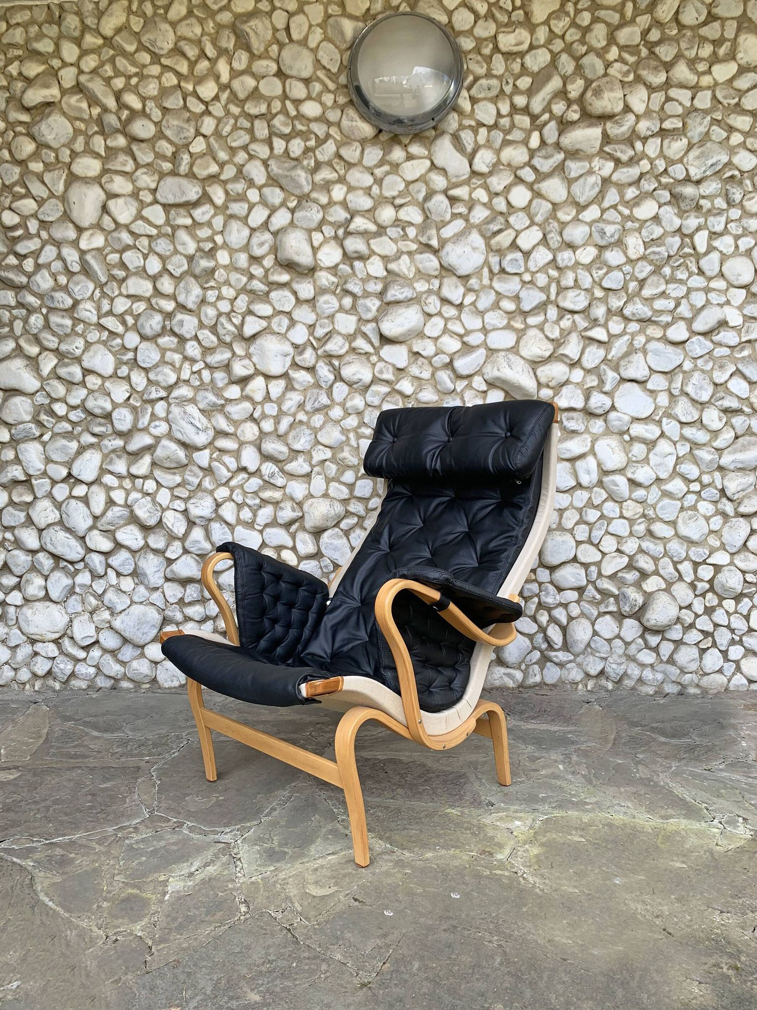 Pernilla armchair new black leather by Bruno Mathsson, Dux, Sweden 1970