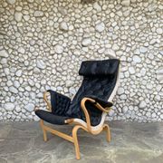 Pernilla armchair new black leather by Bruno Mathsson, Dux, Sweden 1970