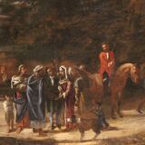 Grand tableau de paysage italien avec personnages du XVIIIe siècle