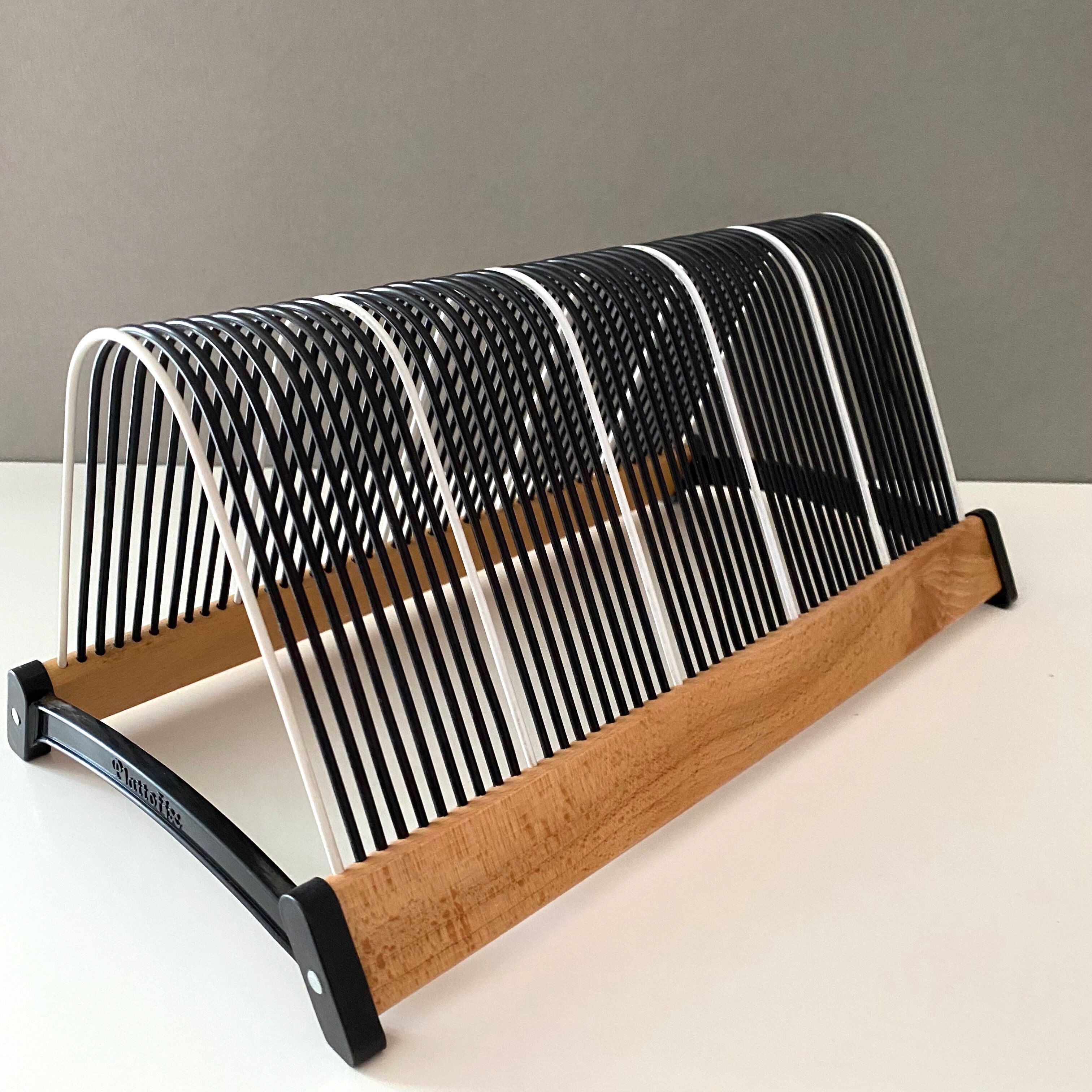 Vintage record stand, vinyl record holder, Plattofix Germany, black white, 50 records