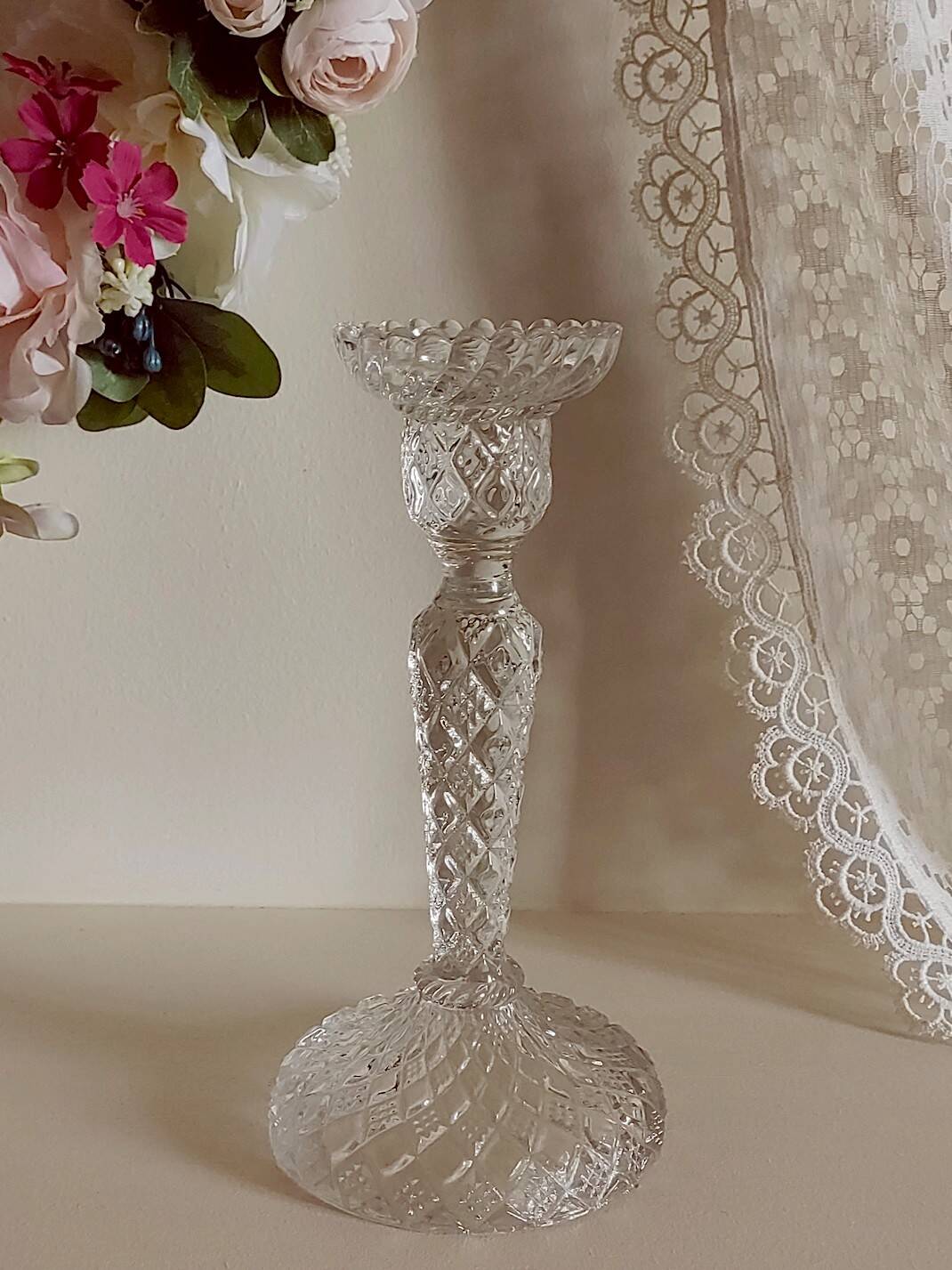 Large molded glass candle holder