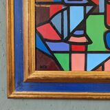 Mid-Century Modern "Geometric Still Life" Vintage Swedish Cubist Still Life Oil Painting, Framed