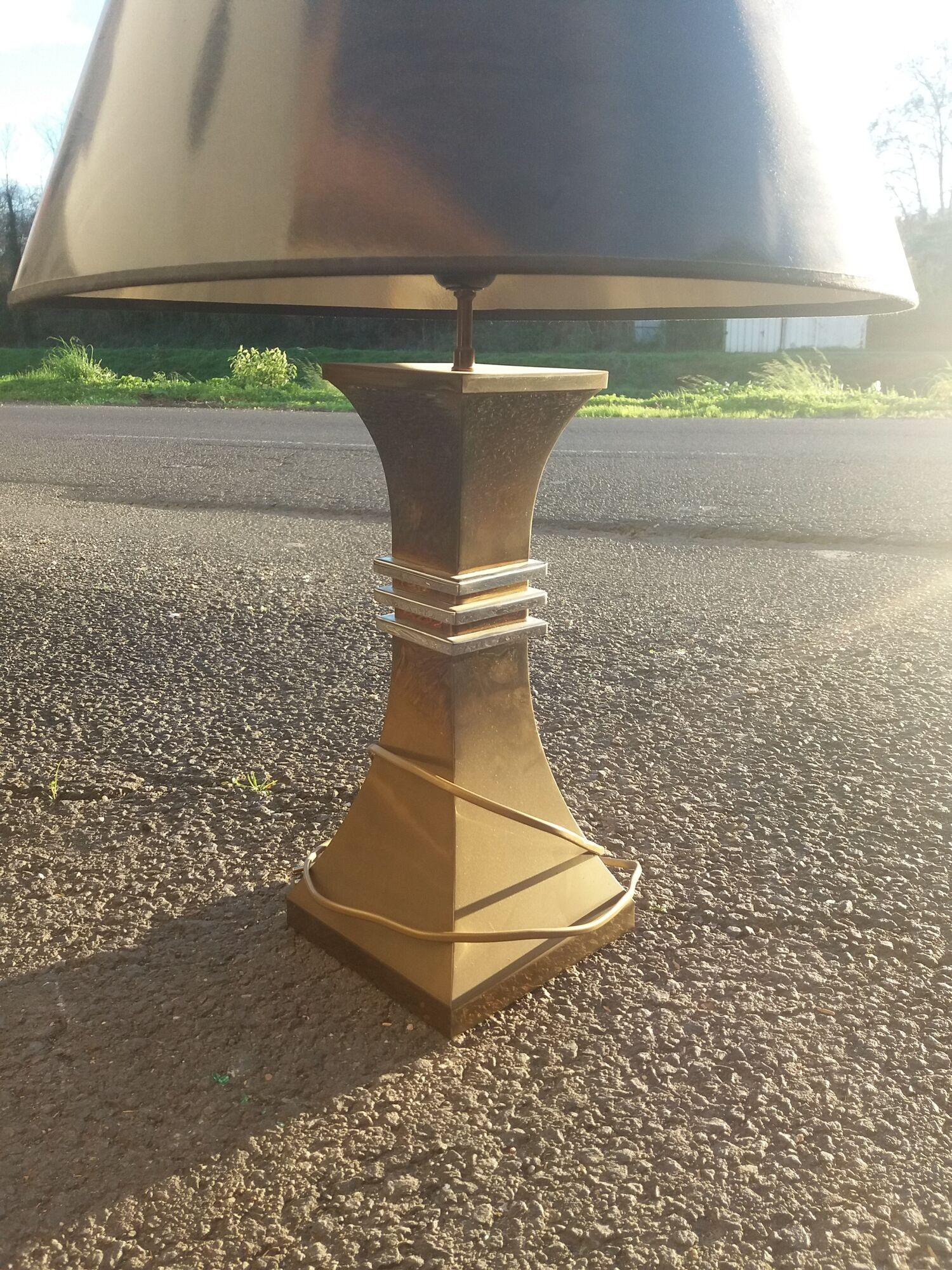 Lamp in bronze and chrome around 1970 with its Lampshade of origin