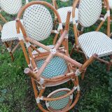 Set of 8 Parisian rattan bistro chairs braiding green and ecru